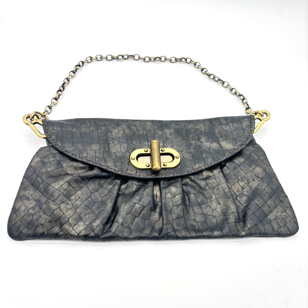 Per Se Croc Embossed Leather Clutch Chain Strap Brass Turnlock Black 12"
